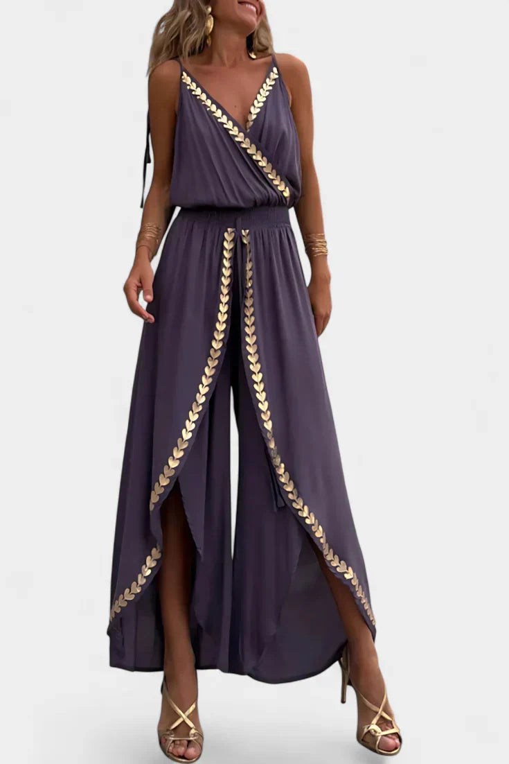 Donatila Unique Jumpsuit with Golden Details and Open Leg