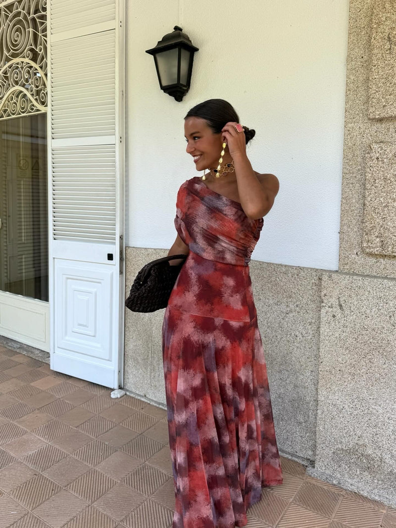 Long Dress with Off-Shoulder Watercolor