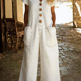 Denise™ | Denim Jumpsuit with V-Neck and Short Sleeves