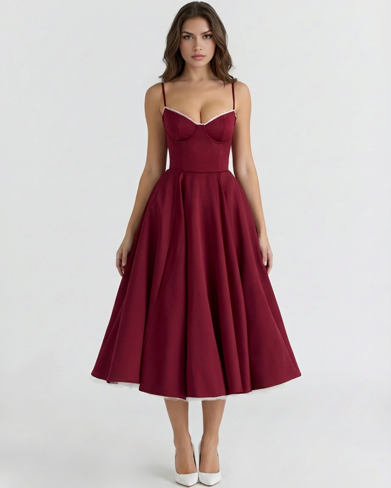 Midi dress with corset and wide skirt