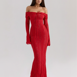 Long lace dress with bardot neckline