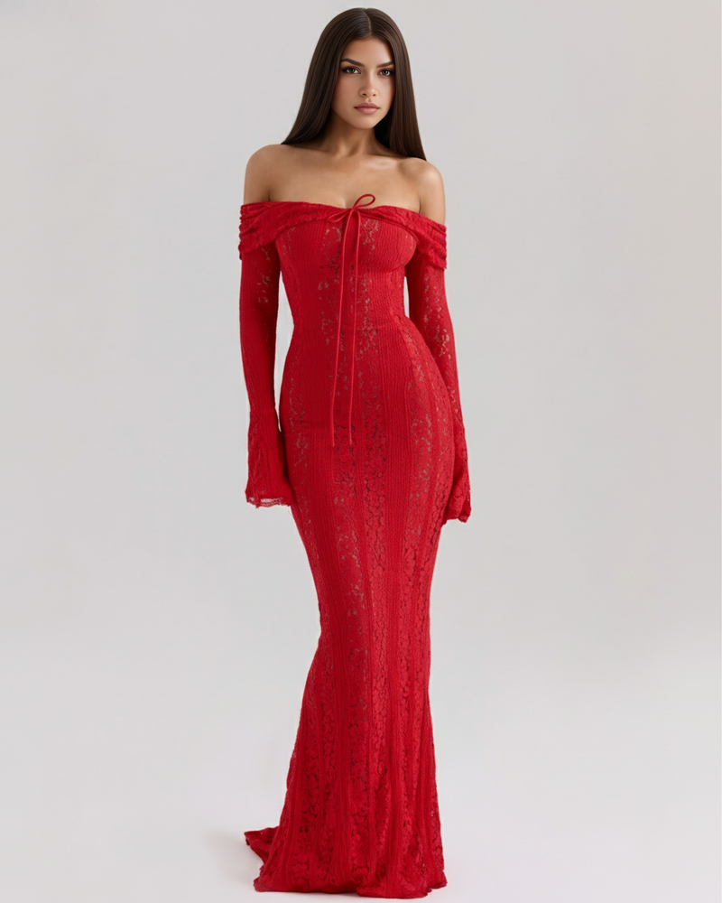 Long lace dress with bardot neckline