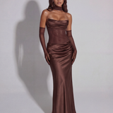 Satin Long Dress with Draped Neckline