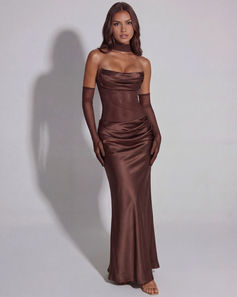 Satin Long Dress with Draped Neckline