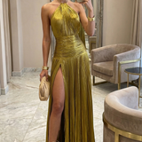 Long pleated dress with halter neck