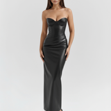 Long leather-effect dress with sweetheart neckline