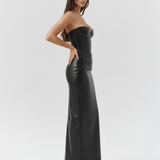 Long leather-effect dress with sweetheart neckline