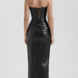 Long leather-effect dress with sweetheart neckline