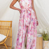 Strapless Floral Print Dress with Waist Tie and Leg Opening, Wide Leg