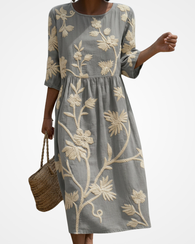 Ana - Midi Dress with Plant and Flower Embroidery