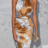 Satin midi dress with floral print and high neck sleeveless