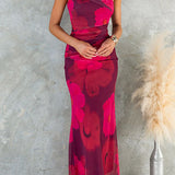One-Shoulder Fitted Maxi Dress with Mesh and Floral Print