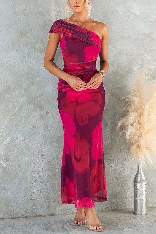 One-Shoulder Fitted Maxi Dress with Mesh and Floral Print