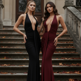 Long halter dress with plunging neckline