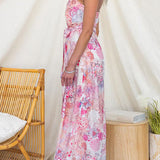 Strapless Floral Print Dress with Waist Tie and Leg Opening, Wide Leg
