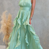 Halter Neck Maxi Dress with Fitted Waist and Ruffles