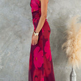 One-Shoulder Fitted Maxi Dress with Mesh and Floral Print