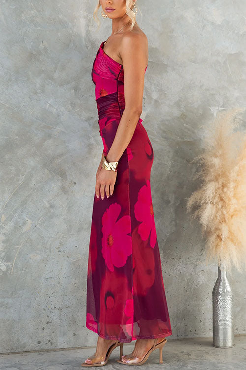 One-Shoulder Fitted Maxi Dress with Mesh and Floral Print