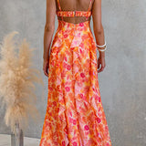 Maxi cami dress with open back, cutouts, floral print, ruffle, and side slit