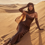 Satin Long Dress with Draped Neckline