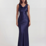 Long satin dress with draped neckline