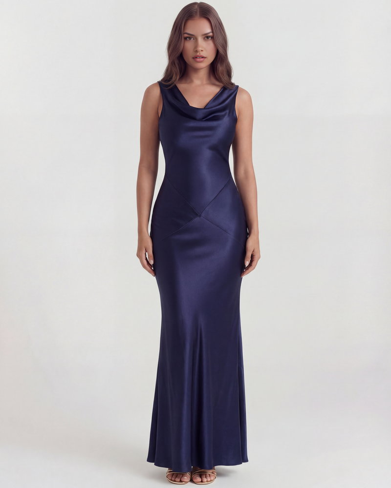 Long satin dress with draped neckline