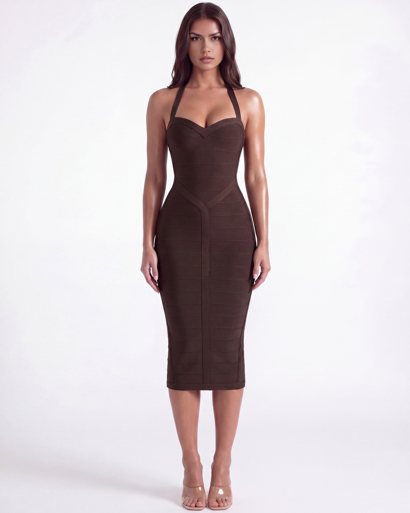 Midi bandage dress with halter neckline