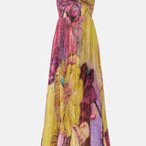 Maxi pleated dress with thin straps, floral print, and fitted waist