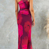 One-Shoulder Fitted Maxi Dress with Mesh and Floral Print