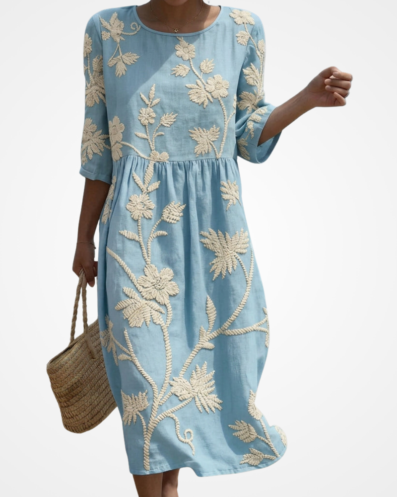 Catarina - Midi Dress with Plant and Flower Embroidery