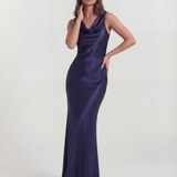 Long satin dress with draped neckline
