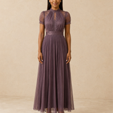 Flavia | Long purple dress with keyhole neckline, chiffon lace trim