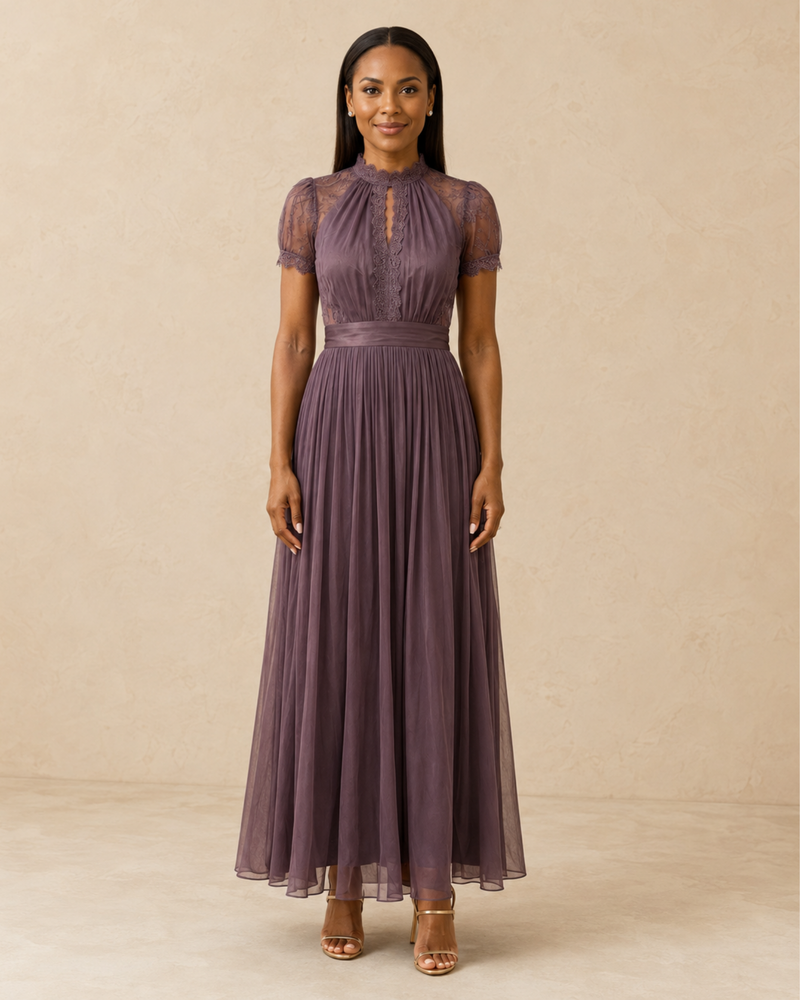 Flavia | Long purple dress with keyhole neckline, chiffon lace trim