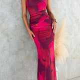 One-Shoulder Fitted Maxi Dress with Mesh and Floral Print