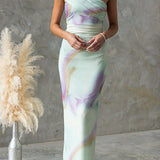 One-Shoulder Watercolor Swirl Maxi Bodycon Dress