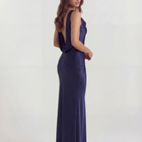 Long satin dress with draped neckline