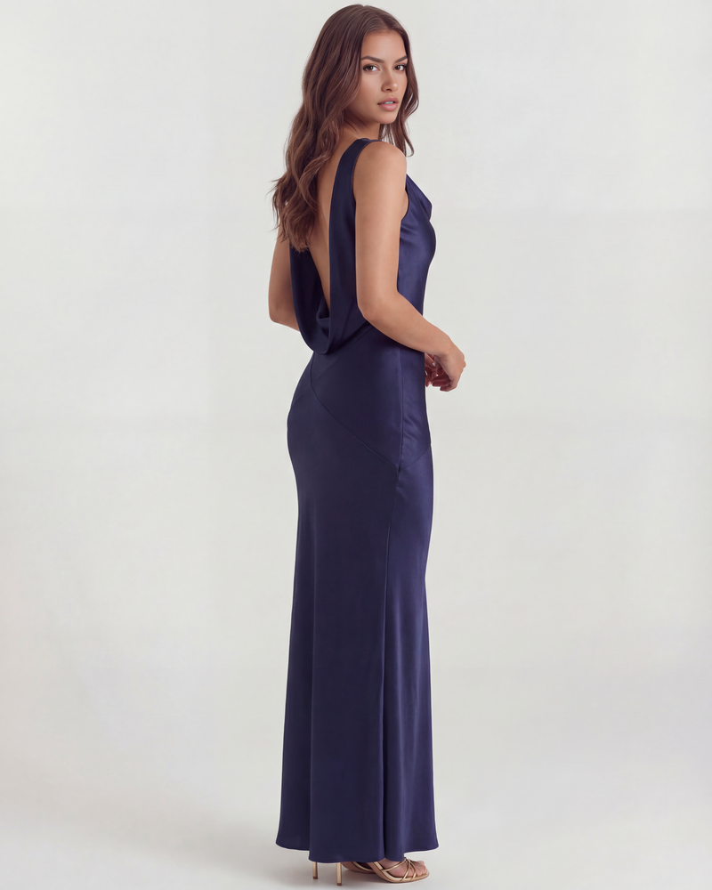 Long satin dress with draped neckline