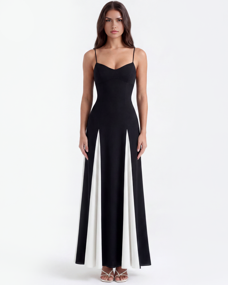Long dress with thin straps and contrasting panels
