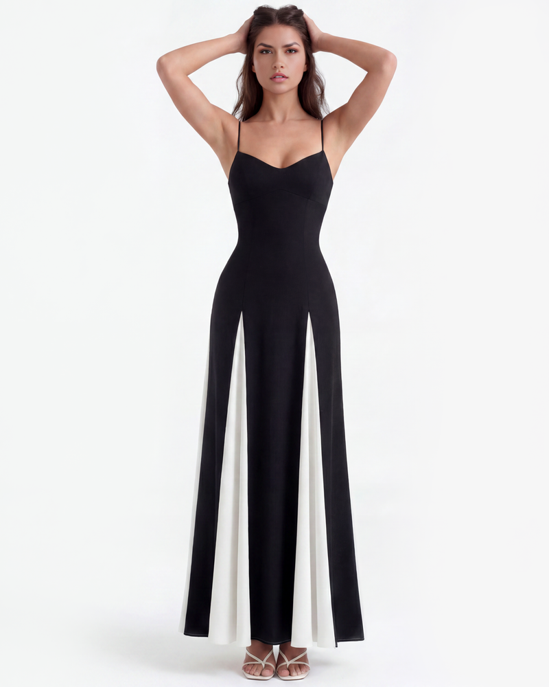 Long dress with thin straps and contrasting panels