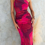 One-Shoulder Fitted Maxi Dress with Mesh and Floral Print