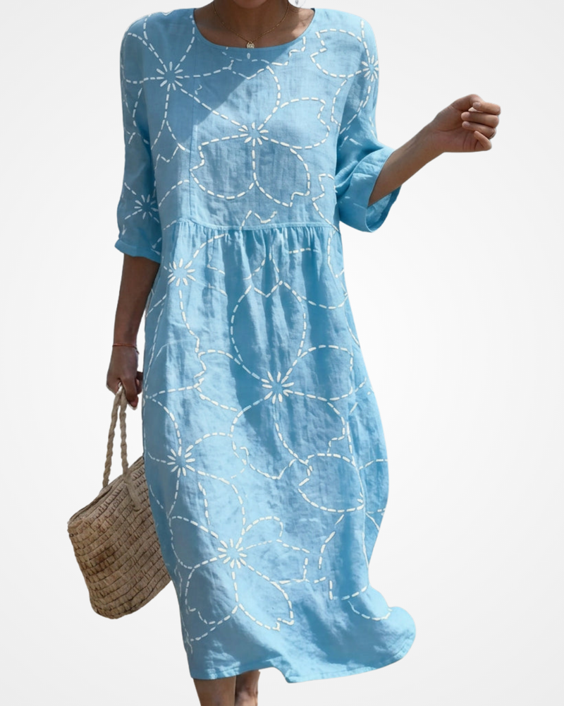 Joana - Maxi Dress with Round Neck and Embroidery