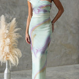 One-Shoulder Watercolor Swirl Maxi Bodycon Dress