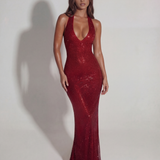 Shiny Long Dress with Halter Neckline