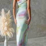 One-Shoulder Watercolor Swirl Maxi Bodycon Dress