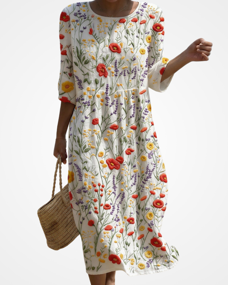 Cristina - Maxi Dress with Round Neck and Floral Embroidery