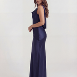 Long satin dress with draped neckline