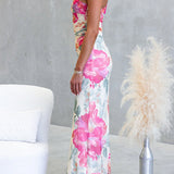 One-Shoulder Floral Print Maxi Dress with Ruching