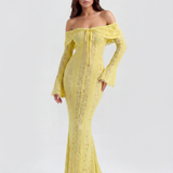 Long lace dress with bardot neckline