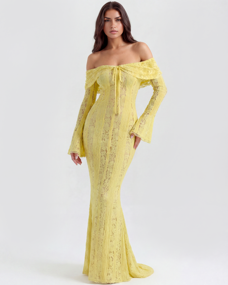 Long lace dress with bardot neckline
