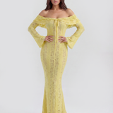 Long lace dress with bardot neckline